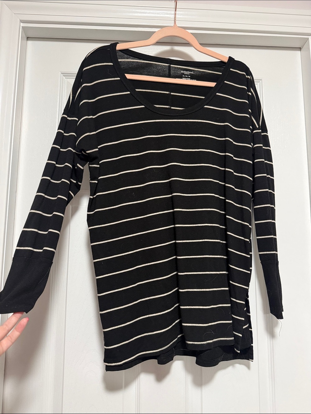 Motherhood Black and Cream Striped Long Sleeve Scoop Neck Tee